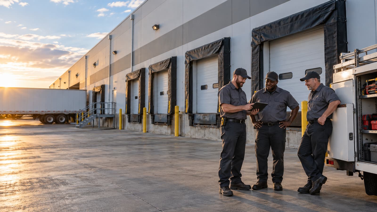 Commercial loading dock and dock doors at a warehouse